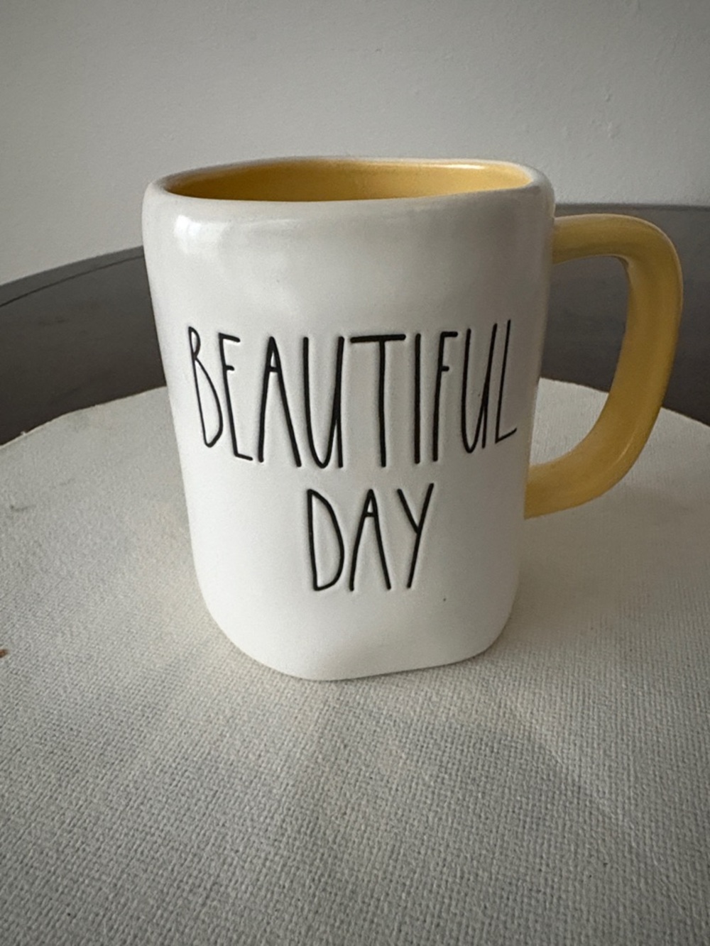 Rae Dunn White Mug with Yellow Interior and Handle - "Beautiful Day"